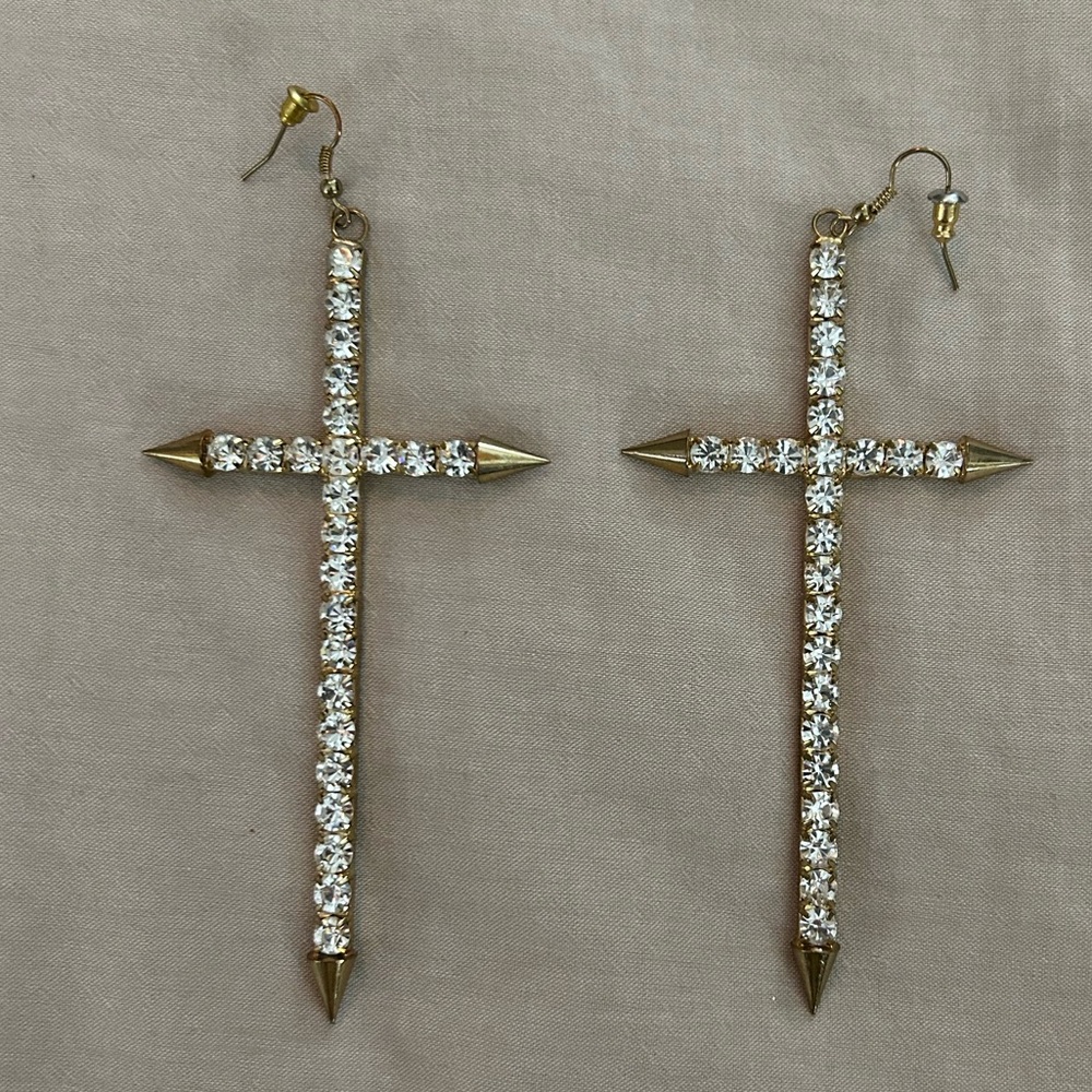 🌟 Host Pick 🌟 Large Gold Pierced Cross Earrings with Crystals